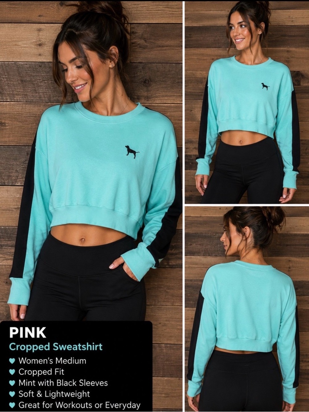 Vs pink mint Cropped Sweatshirt with Black Sleeves - Women like new